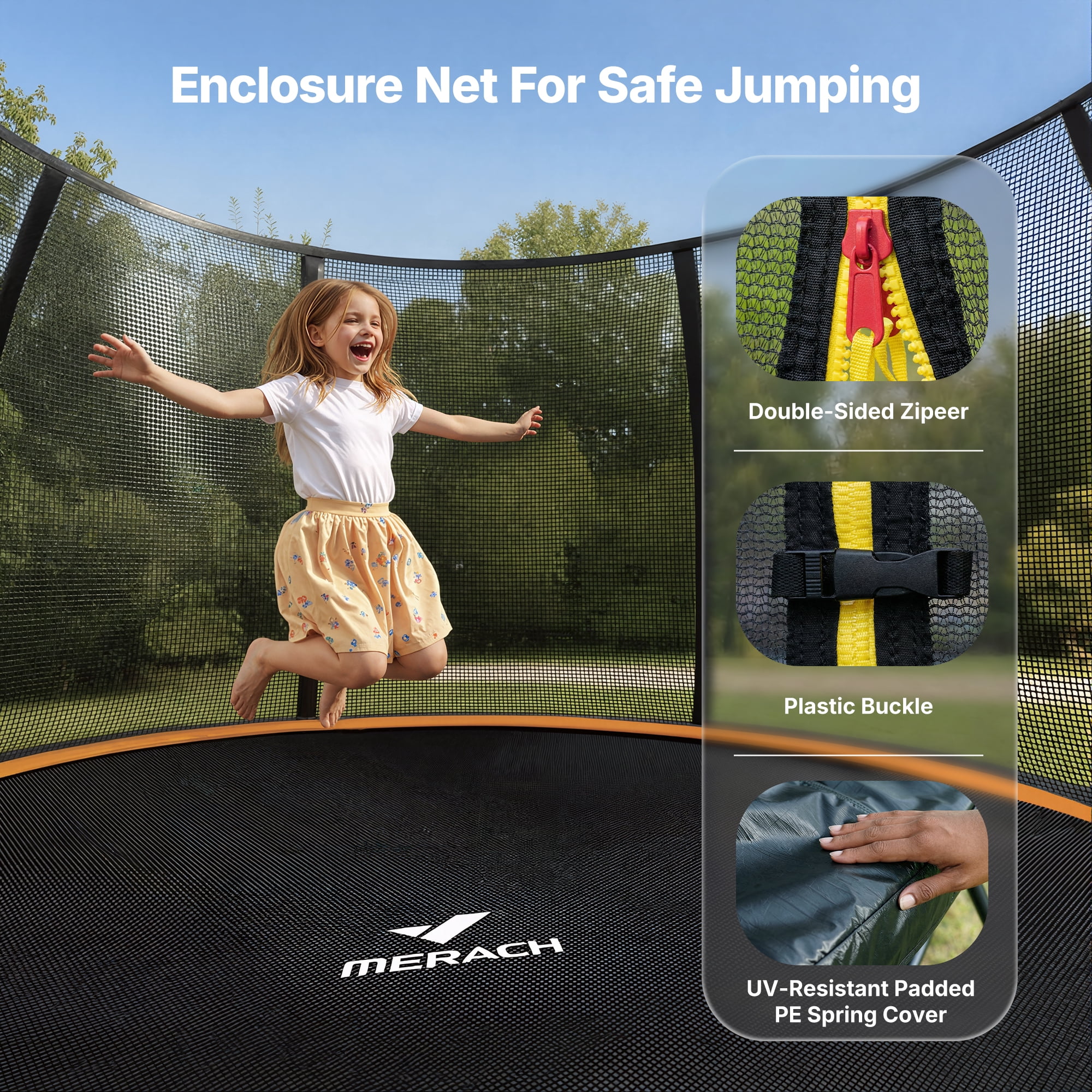 MERACH 14FT Pumpkin Outdoor Trampoline with Safety Enclosure Net, Basketball Hoop & Ladder, Heavy Duty Backyard Trampoline for Kids & Adults