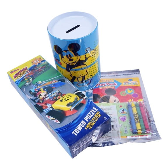 Kids Gift Set - Disney Mickey Mouse Party Supplies - Blue Piggy Coin Bank Coloring Book Jigsaw Puzzle - Goody Bags