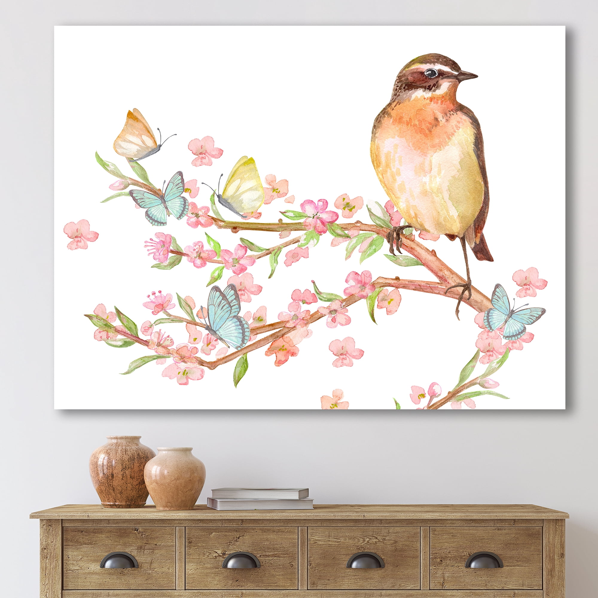 Designart ' Lovely Bird Sitting On Branch of Sakura With Butterflies ' Traditional Canvas Wall Art Print