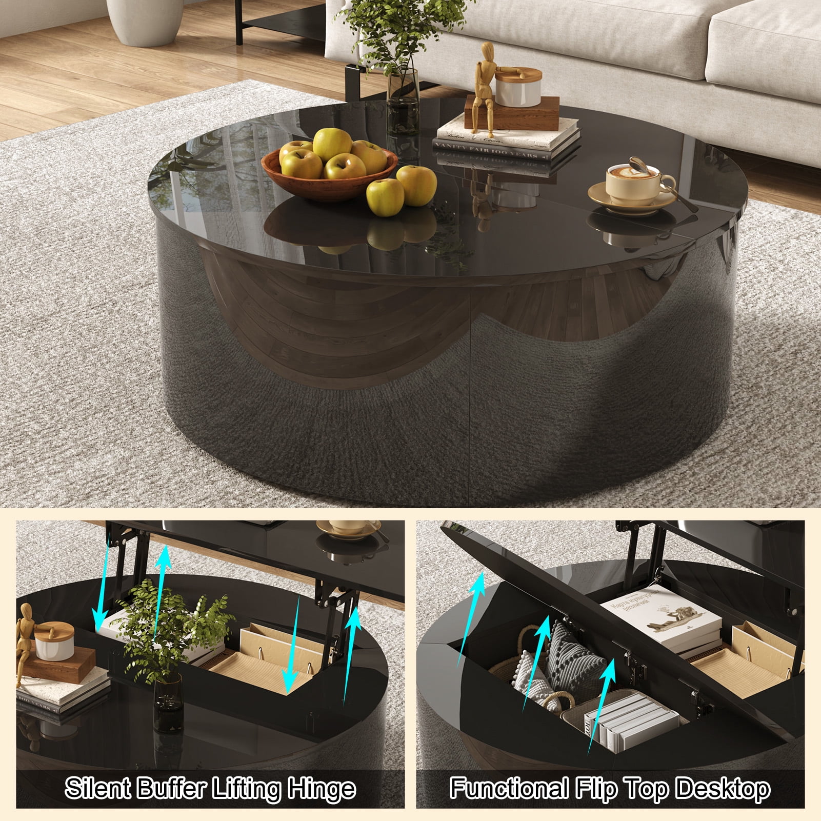 ANPOO Round Lift Top Coffee Table with Storage, Modern High Gloss Coffee Table with Hidden Storage Space, Circular Center Table for Livingroom, Small Space, Small Space, Apartment