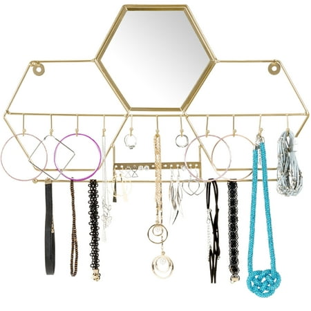 Wall-Mounted Jewelry Storage Organizer: Metal Holder Hanging Mirror Display Hooks for Hanging Rings Earings Necklace Holder Home (Best Way To Store Gold Jewelry)