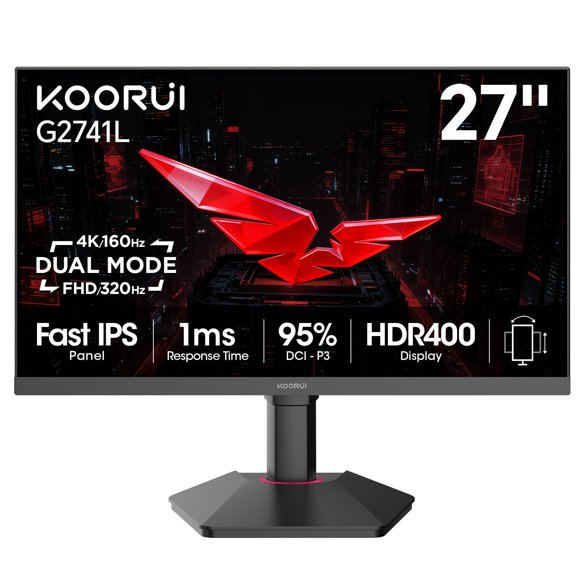Koorui Monitor Para Juegos 4K De 27 Pulgadas Modo Dual (Uhd 160 Hz / Fhd 320 Hz) Monitor De Pc Ips 2160P Rápido 95% Dci-P3 Hdr400 Cuidado De Los Ojos Ajuste De Altura/Pivote/Inclinación Montaje Vesa H