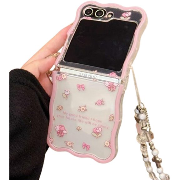 Cover Case for Galaxy Z Flip 5 with Chain,Beautiful Flower Shockproof Folding Phone Protective Shell,Gift for Girls Women (Pink)