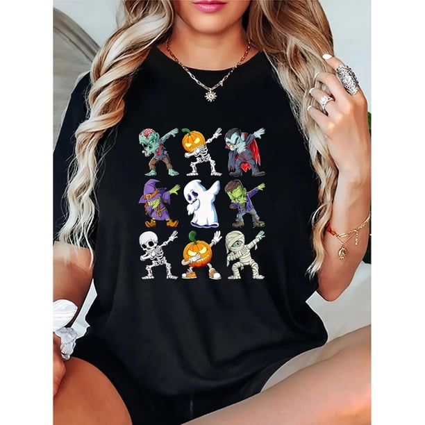 Women's Trendy Pumpkin Graphic Tee - Casual Crew Neck Short Sleeve, Stretchy Polyester Blend, Machine Washable - Perfect for Summer & Halloween