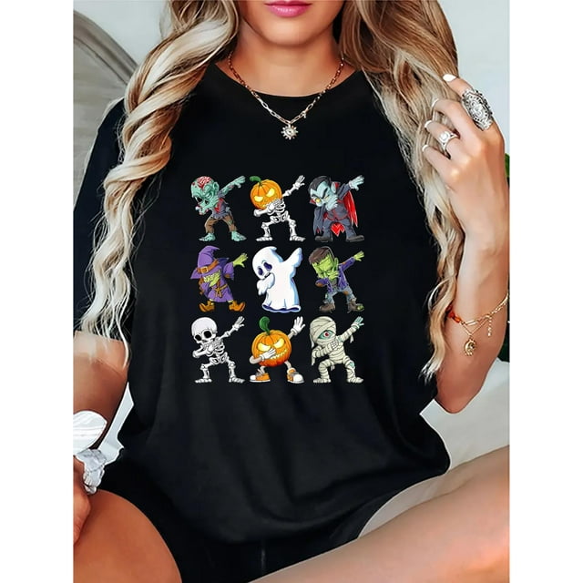 Camiseta de manga corta para mujer transpirable Moda de veranoWomen's Trendy Pumpkin Graphic Tee - Casual Crew Neck Short Sleeve, Stretchy Polyester Blend, Machine Washable - Perfect for Summer & Ha