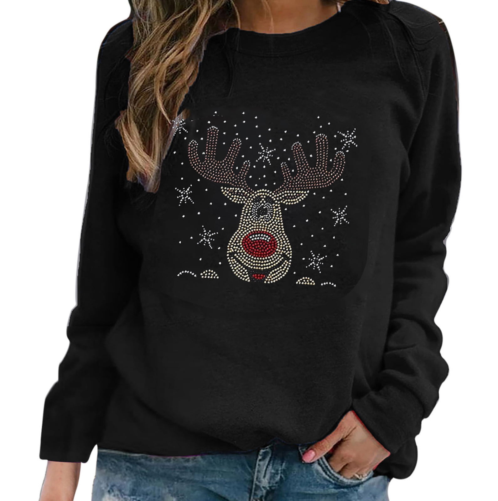 Christmas Rhinestone Long Sleeve Tops 