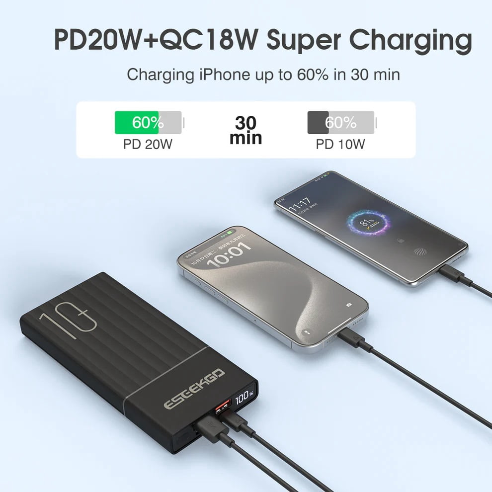 10000mAh 20W PD Power Delivery + 22.5W Quick Charge Fast Charging High-Capacity Power Bank Battery Charger - Black