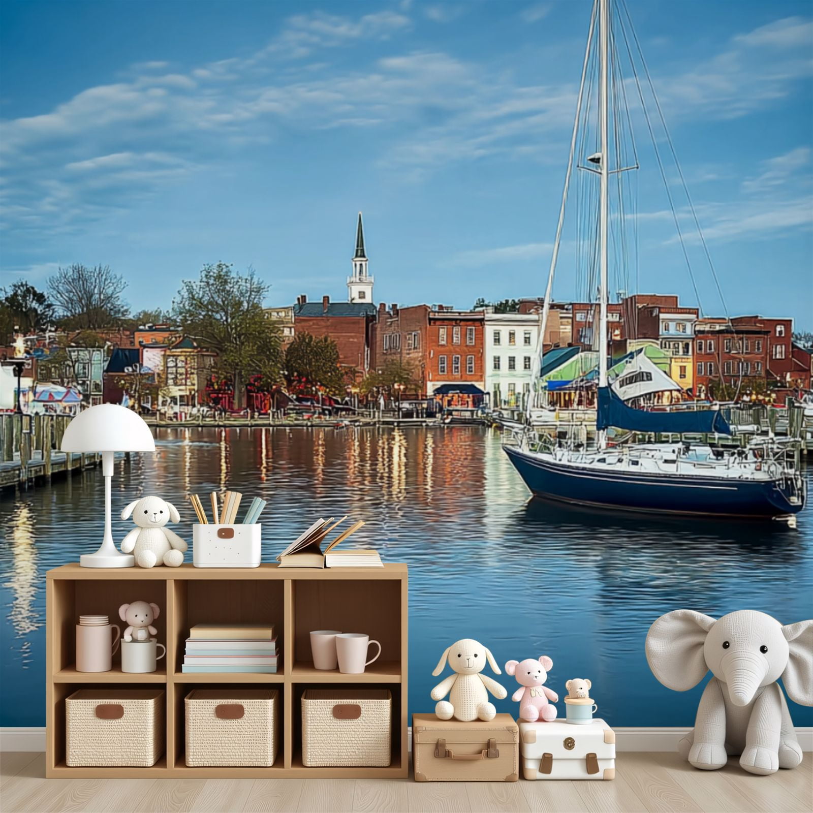 Wallpaper View boats by Annapolis Harbor city Peel and Stick Wall Murals 69"H x 96"W Removable PVC Wall Paper Self-Adhesive Wall Paintings Art Decor for Bedroom Living Room
