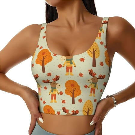 Adobk Autumn Maple Leaf and Deer Print Sports Bras for Women Longline Workout Crop Tank Tops Padded with Built in Shelf Padded Sports Bra-XX-Large
