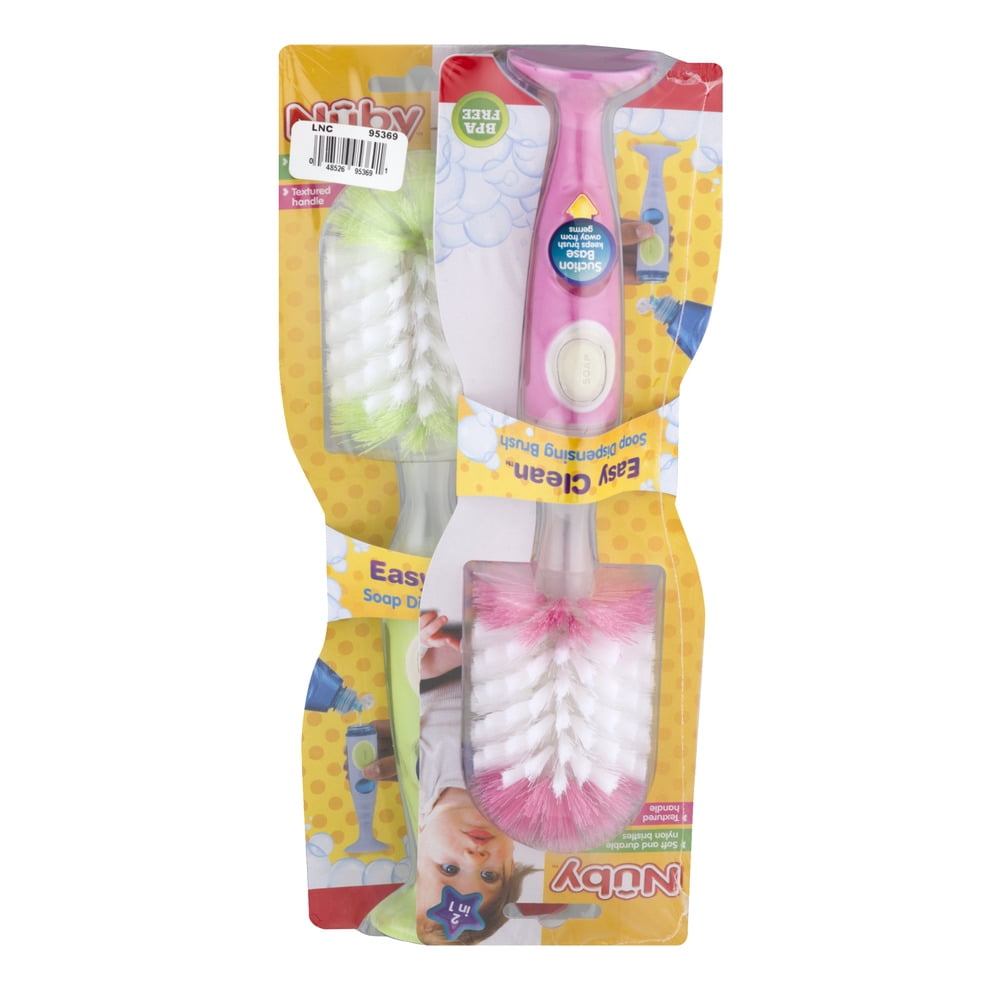 Nuby Easy Clean Soap Dispensing Brush, Pink/Green, 2 Count
