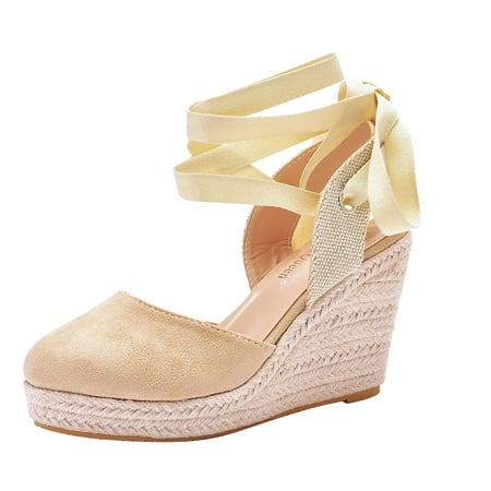 

Womens Platform Wedge Sandals Women Bohemian Canvas Lace Up Sandals Thick Soled Ethnic Style Wedge Shoes