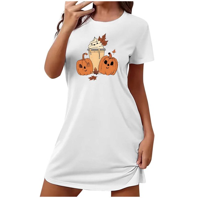 Tnhcen Robe de Nuit Grande Taille Halloween Imprimé Drôle de Dessin Animé Manches Courtes Col Rond Longueur Courte Polyester Spandex P-2TG pour Chaque Corps