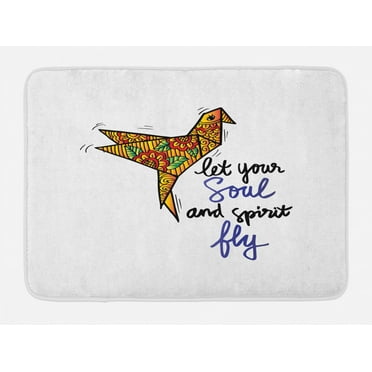 Saying Bath Mat, Let Your Soul and Fly Calligraphy with Zentangle Origami Bird, Plush Bathroom Decor Mat with Non Slip Backing, 29.5" X 17.5", Charcoal Grey and White, by Ambesonne