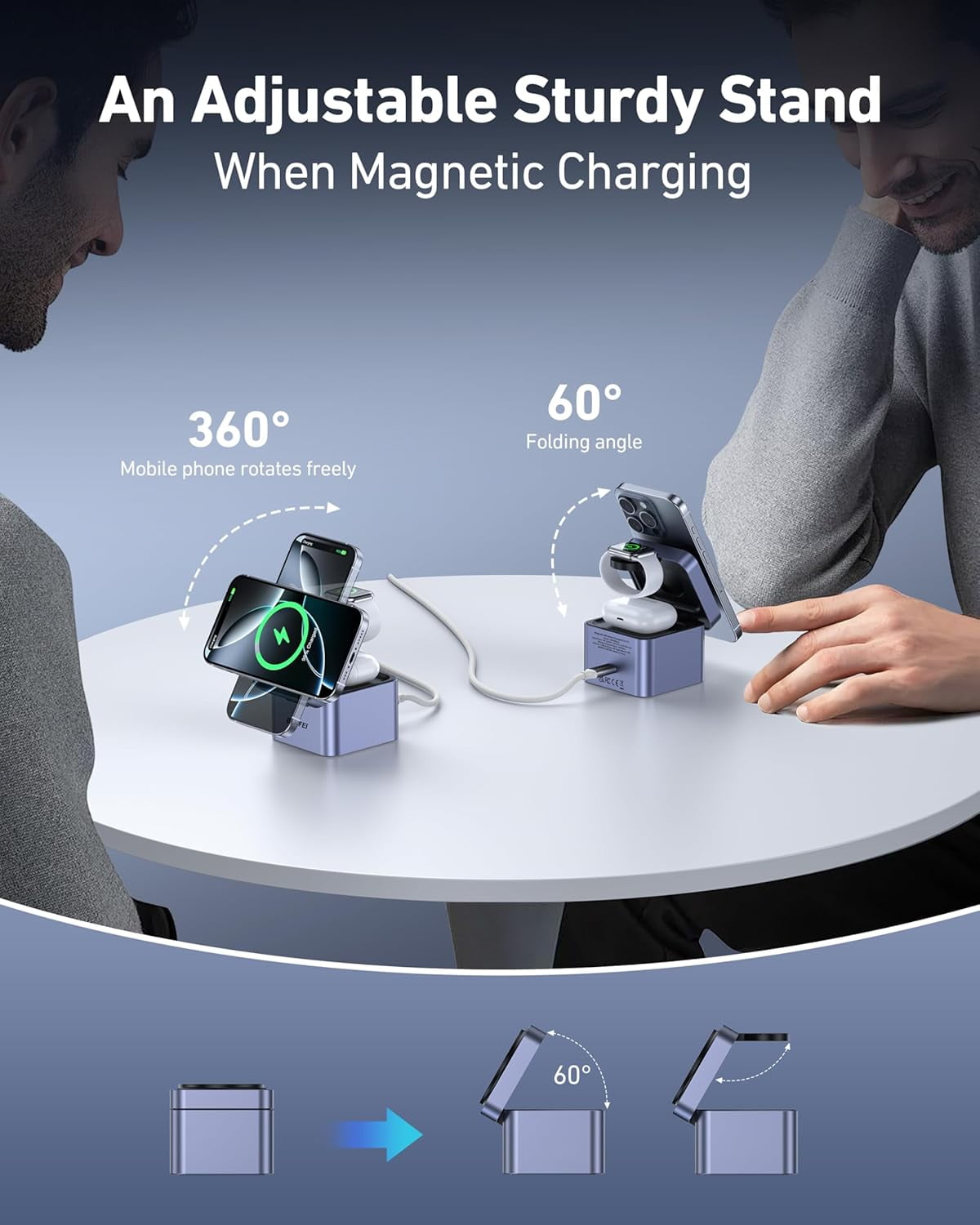 BENFEI 3-in-1 Foldable Charger Stand,Wireless Charging Station for iPhone 16/15/14/13/12 Series, Apple Watch & AirPods | Compact Cube Design | Includes 33W Power Adapter