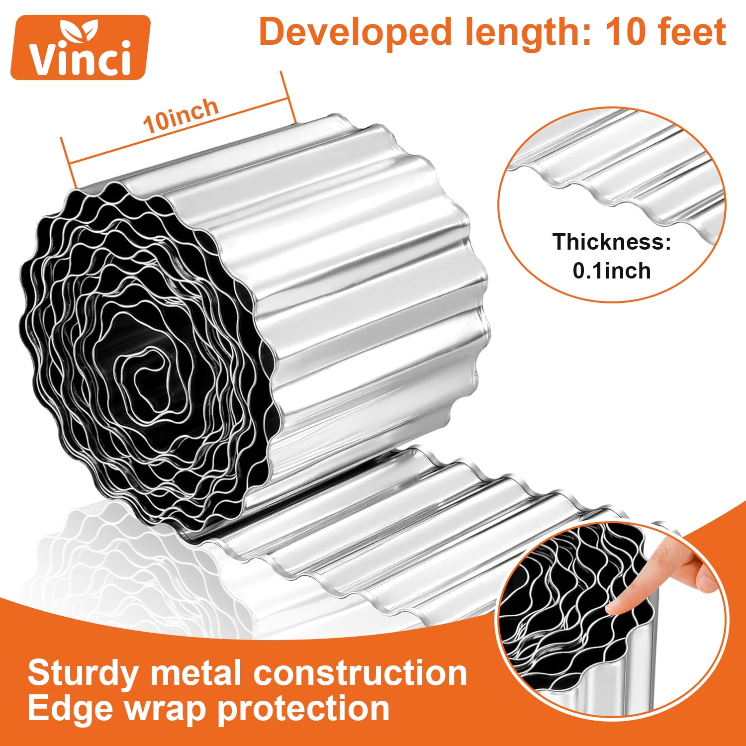 Vinci Garden Landscape Edging Border, 10 Inch x 10 FT Corrugated Sturdy Metal Easy Installation Safe Hemmed Lawn Garden Border Edges for DIY Flower Beds,Pathways and Patio Design (Silver)