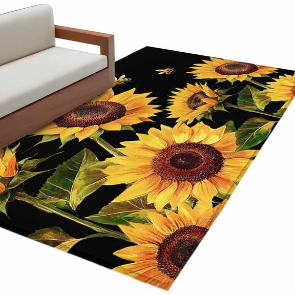 Sunflower Large Area Rugs for Bedroom Living Room, Soft Non Slip Carpet Bedside Rug, Summer Bee Botanical Floral Black Rectangular Floor Cover Kitchen Accent Rug 3'x5' for Dining Room/Office
