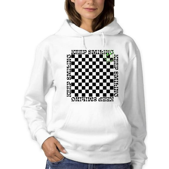 Stay Happy Checkered Graphic Tee Hoodie Women's