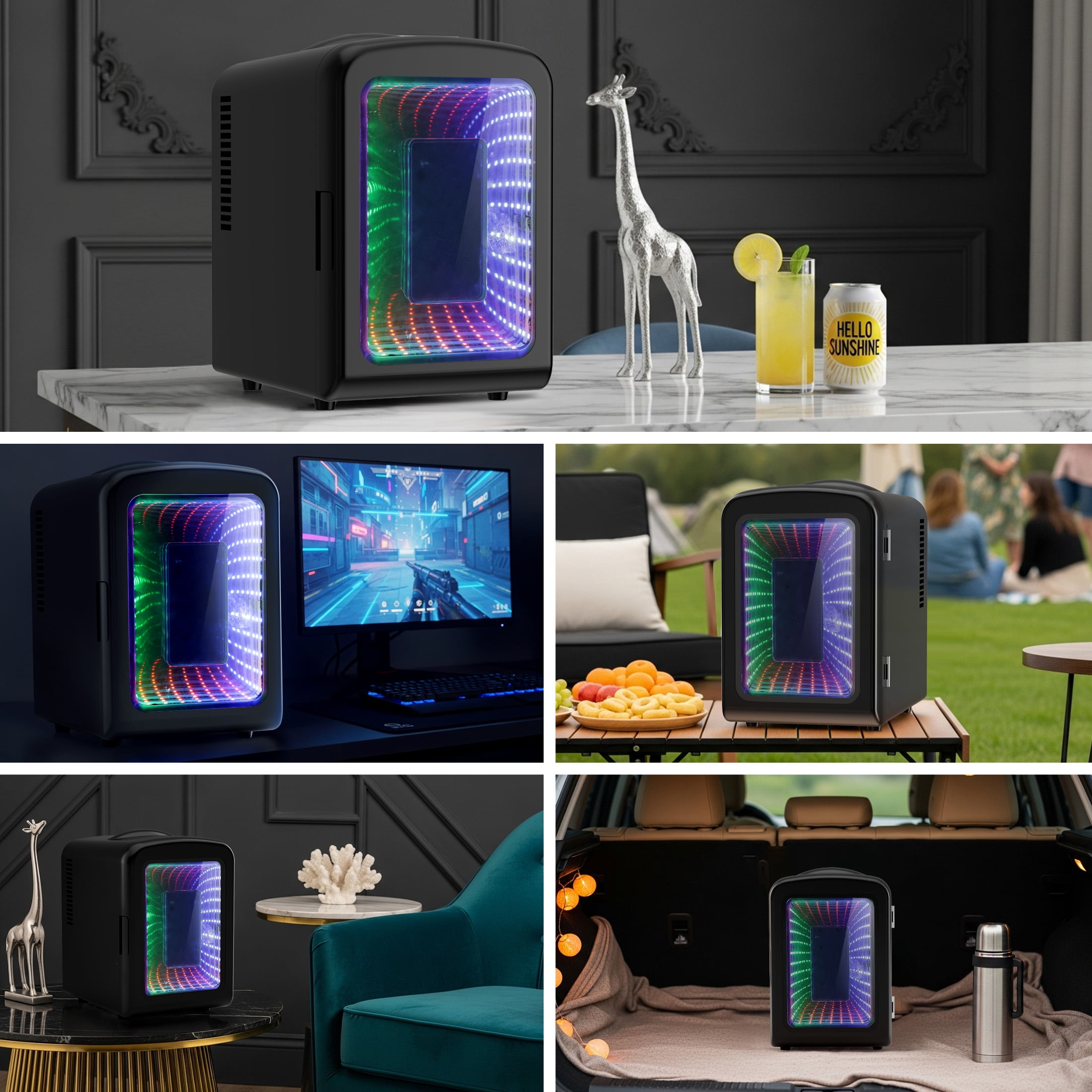 Auseo 4L Mini Fridge Personal with LED, Portable Cooler for Bedroom, Office, Car, Small Refrigerator for Skincare, Drinks & Gaming Room, AC/DC Powered, Black
