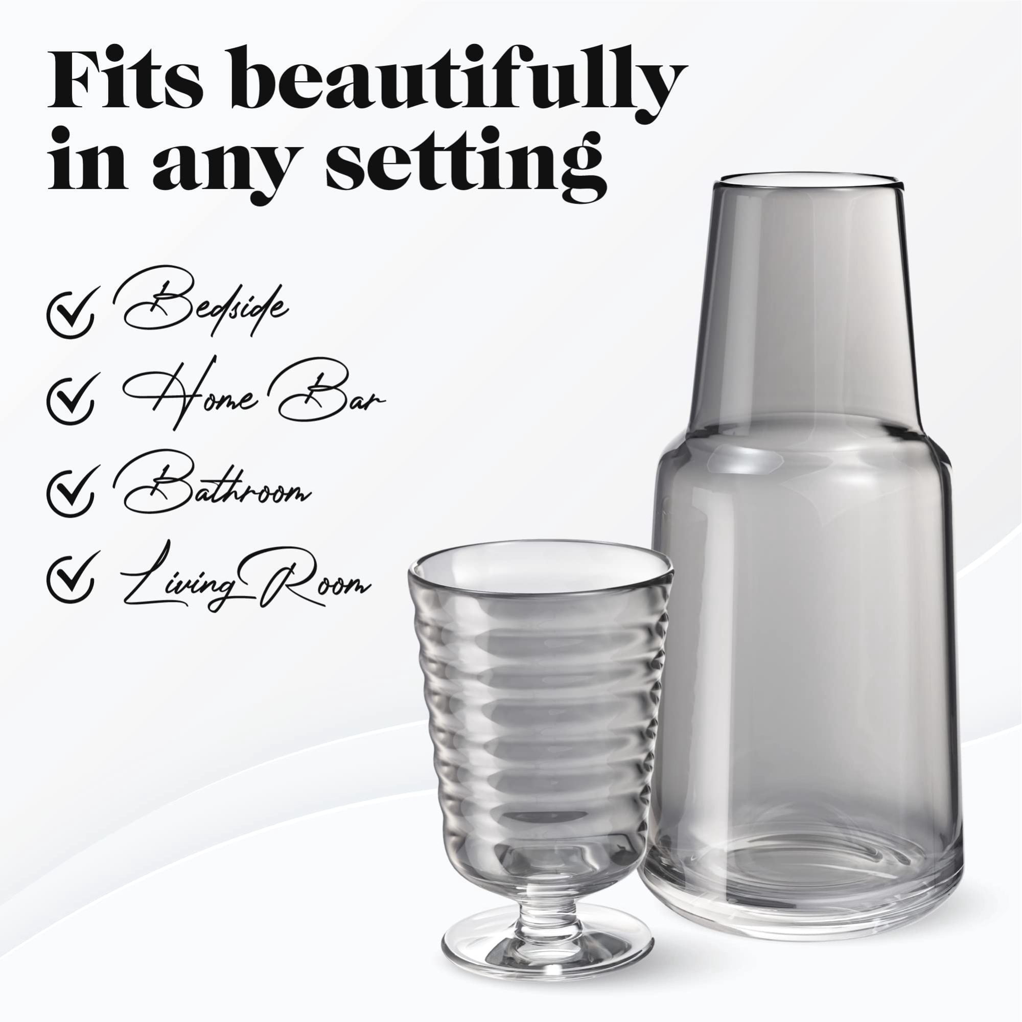 American Atelier Bedside Water Carafe with Tumbler Pitcher and Footed Drinking Glass Use Cup as a Lid for Carafe, For Guest Room, Nightstand, Office, or Gift, Gray (32 Oz)