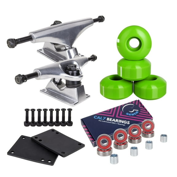 Cal 7 Skateboard Combo, 5" Silver Trucks, 52mm 99A Wheels, Bearings/Hardware Set (Green Wheels)