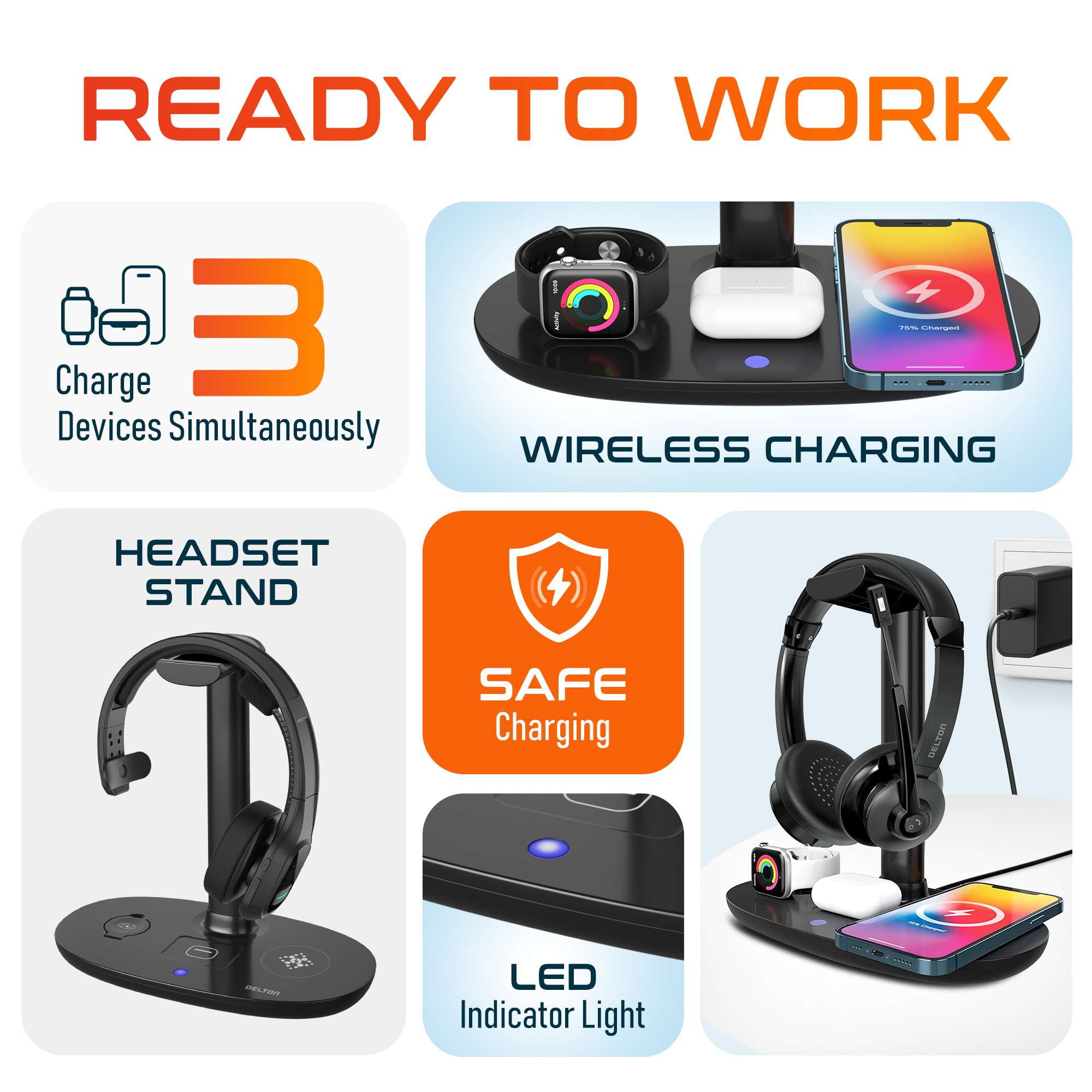 Delton Wireless Computer Headset And Qi Charging Stand, 2.4G USB Bluetooth Headphones with Microphone for PC, Laptop & 20W Charging Stand for Smartphones, Earbuds, and Smartwatches