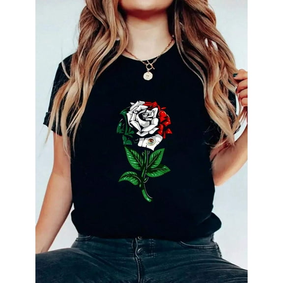 Mexico Flag Mexican T-Shirt Print Cotton T-Shirt For Summer, Women's Soft Short Sleeve Top, Stylish Comfy Tee For Women Graphic Tees