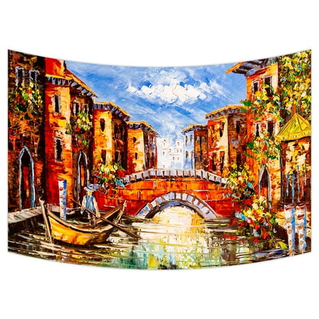 Italian Villa Tapestry - YKCG Oil Painting View of Venice Italy City Landscape Wall Hanging Tapestry Wall Art 90x60 inches