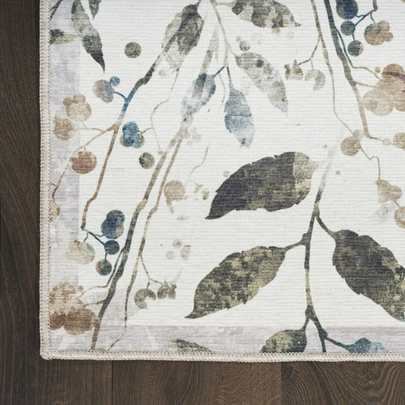 10' Cream Floral Washable Runner Rug