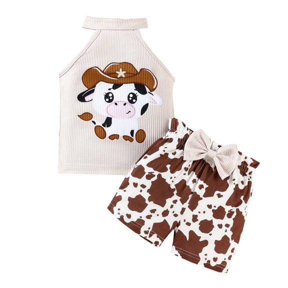 Hienoo Girls Summer Cowgirl Outfits Cartoon Cow Print Tank Top Shorts Set, Sizes 6M-3T