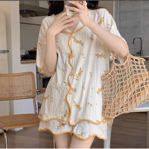 Pijamas de verano para mujer, cárdigan de estudiante con dibujos animados para mujer, pantalones cortos de manga corta, ropa de hogar de estilo fino, traje de dos piezas