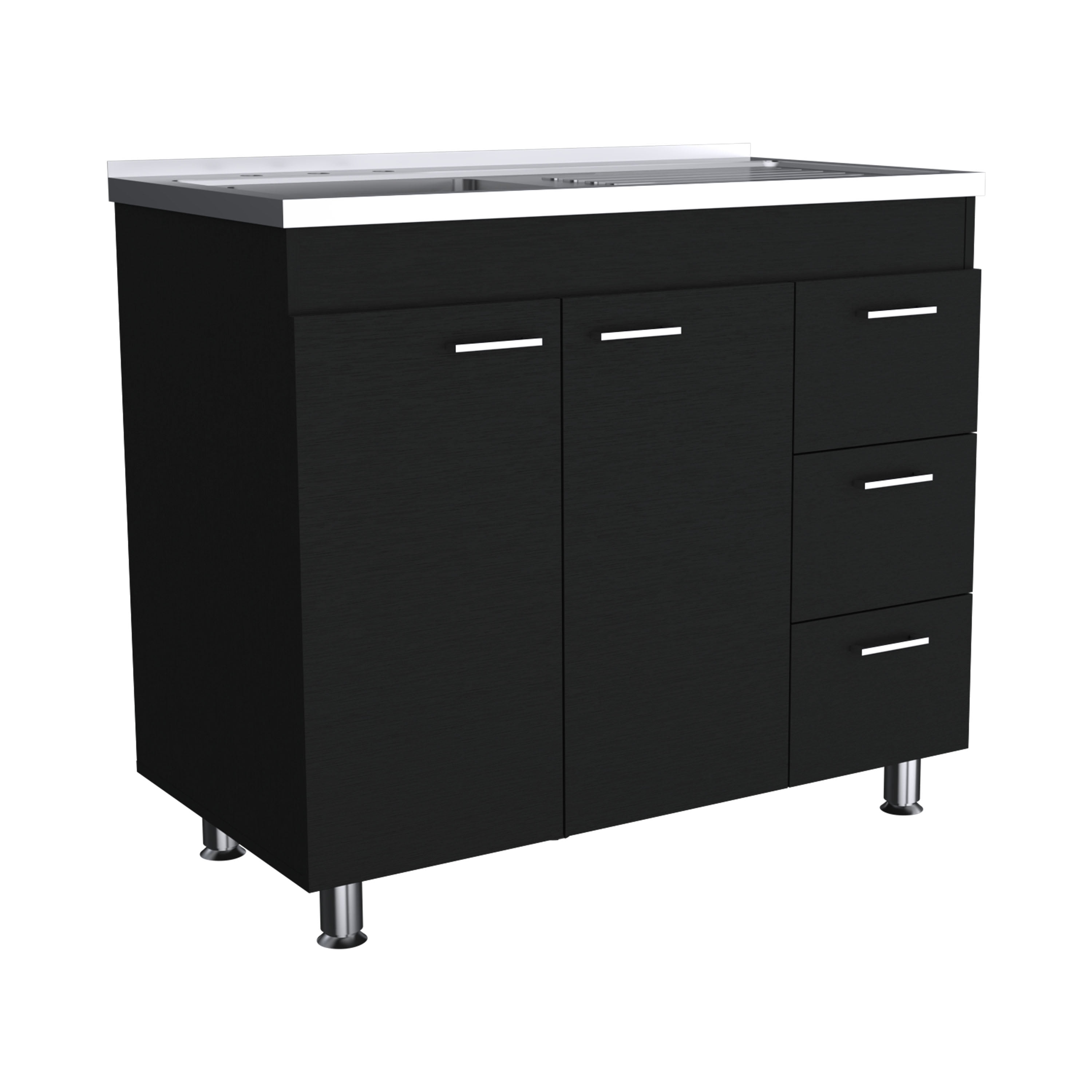 Izzovium Ferretti Utility Sink with Three Drawers and Double Door Cabinet, 39.4in L x 20.4in W x 30.8in H, Black, Particle Board Construction for Laundry or Kitchen