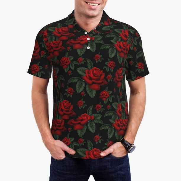 Balery Roses Camisa Polo de Hombre con Estampado, de Manga Corta y Tejido Medio, Camisa Tipo Golf Polo-Small