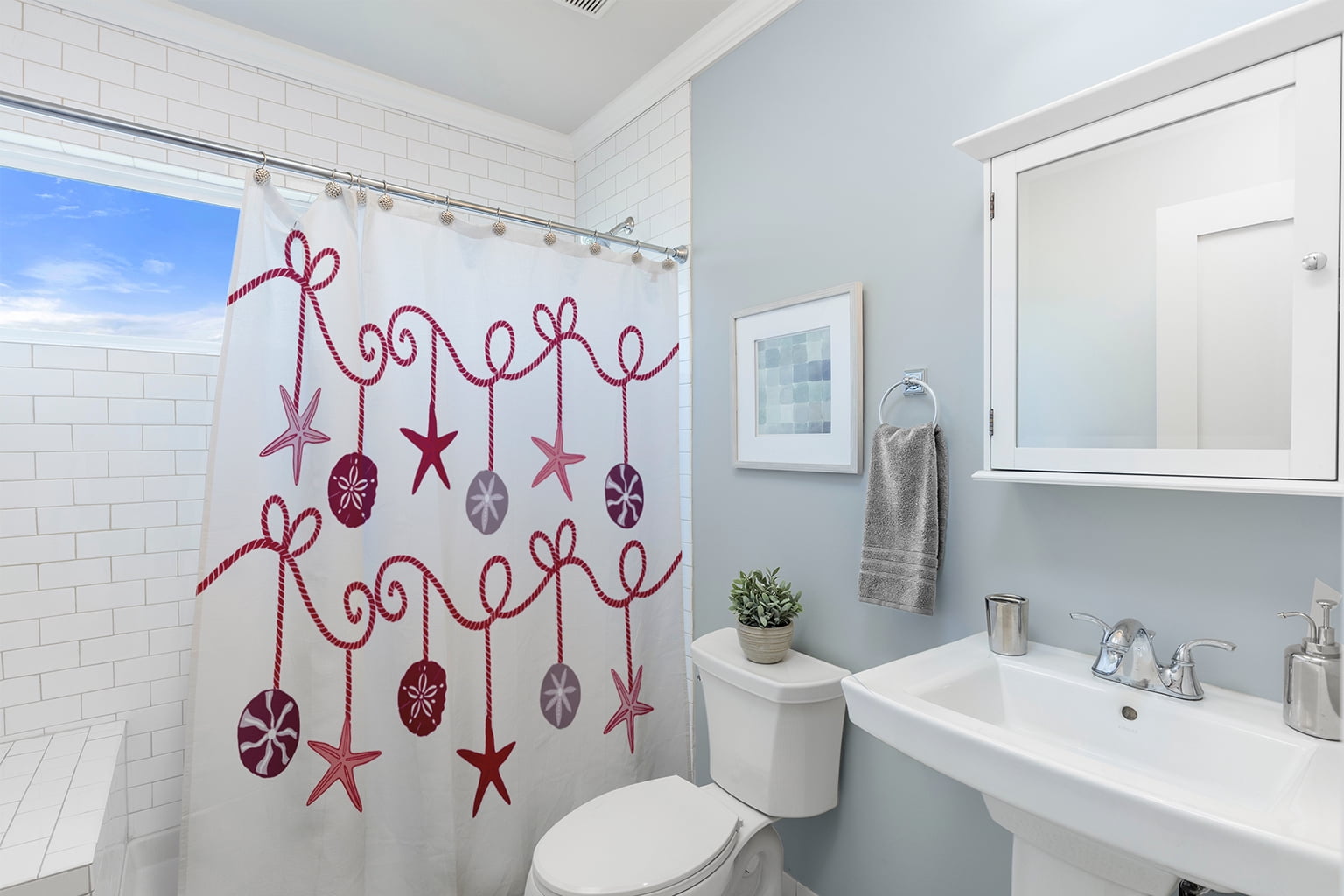 Simply Daisy 70" W x 73" L Sea Ornaments Polyester Shower Curtain, Christmas Pink [1 Ct]
