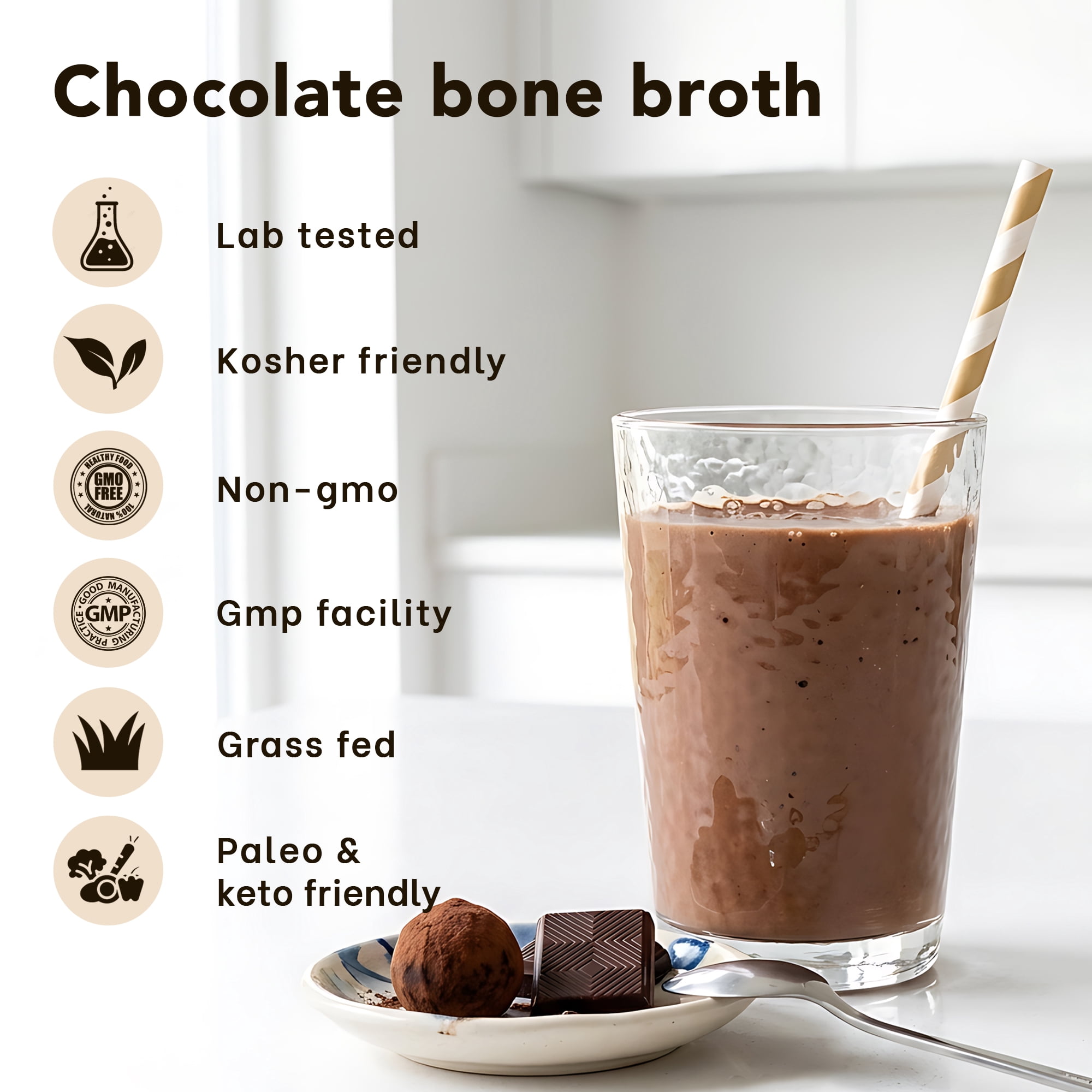 Zammex Bone Broth Powder Chocolate Flavor 1 lb, Grass Fed Beef Bone Broth Protein Powder with Hydrolyzed Collagen Peptides, 41 Servings