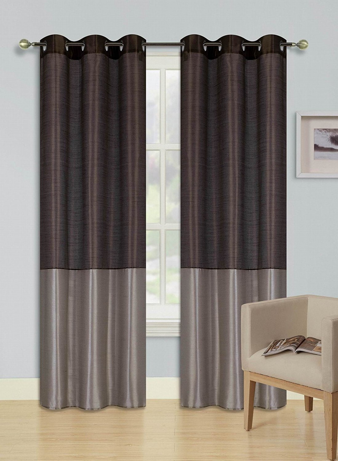 1 SILKY 2 TONE SOLID GROMMET FAUX SILK WINDOW CURTAIN PANEL HEIDI TAUPE BROWN 