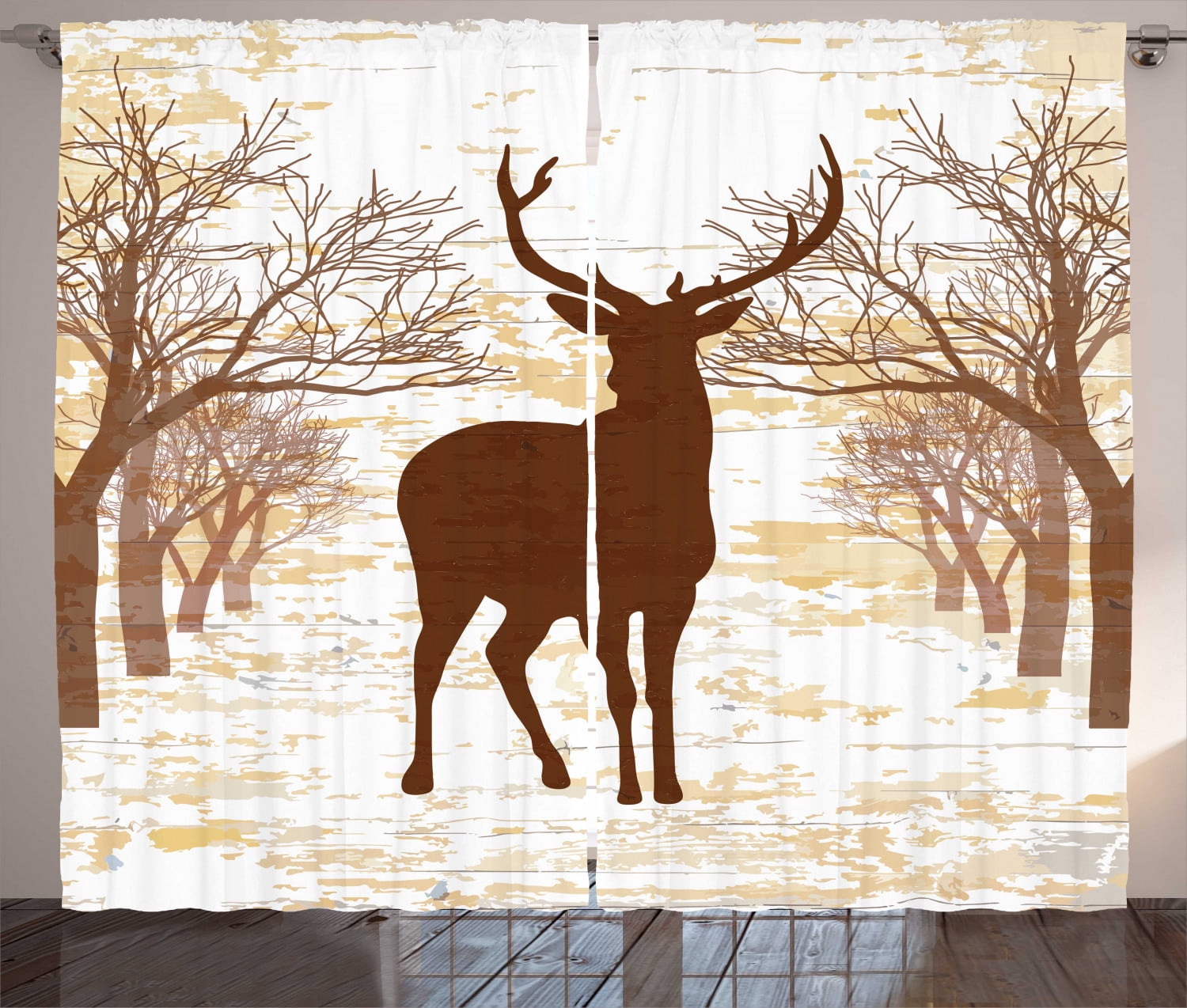 Deer Hunting Curtains 2 Panels Set, Vintage Reindeer in Forest Rustic