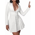 thumbnail image 2 of Robe Blazer Mini Élégante pour Femme à Col en V Profond, Manches Longues, Boutonnée, Plissée, Blanche, m, 2 of 9