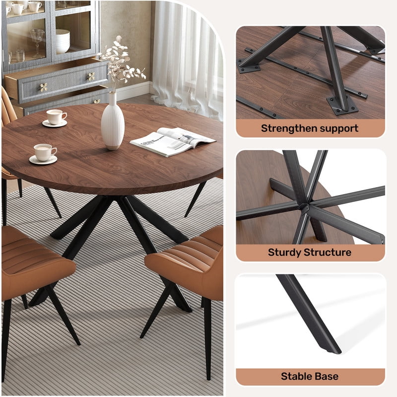 Hawsaiy 47" Round Dining Table for 4-6, Modern Farmhouse Kitchen Table with Metal Legs, Wood Circle Dinner Table for Kitchen & Dining Room, Walnut