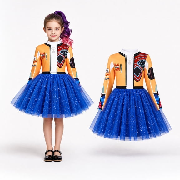 Pop Star Stage Performance Dress with Long Sleeve Tulle Skirt, Orange Blue Idol Halloween Cosplay Costume