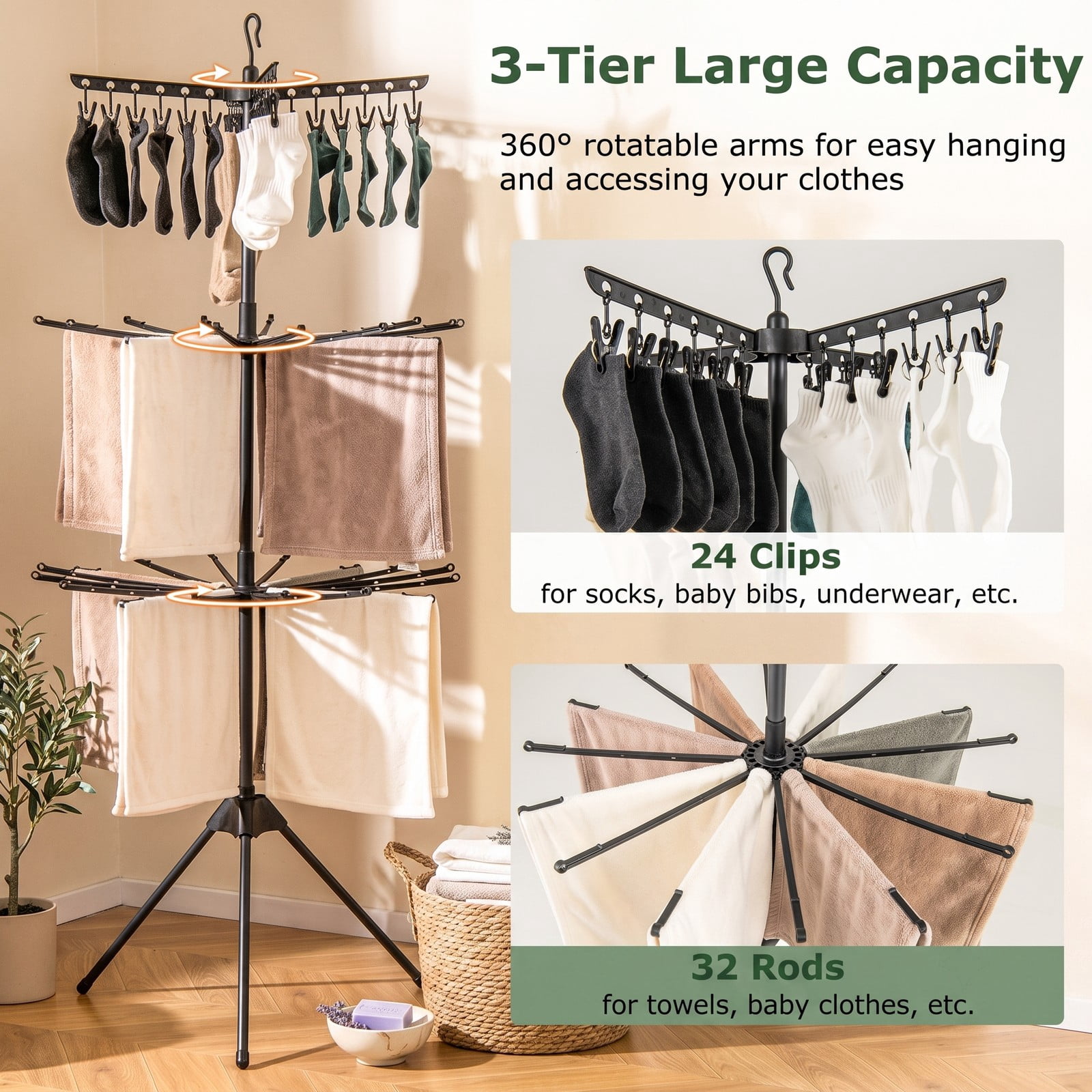 ALPULON 3-Tier Tripod Freestanding Folding Clothes Drying Rack with 24 Clips, 360 Rotating Arms, Detachable Top Hook, Windproof Buckles, Space-Saving Laundry, Black