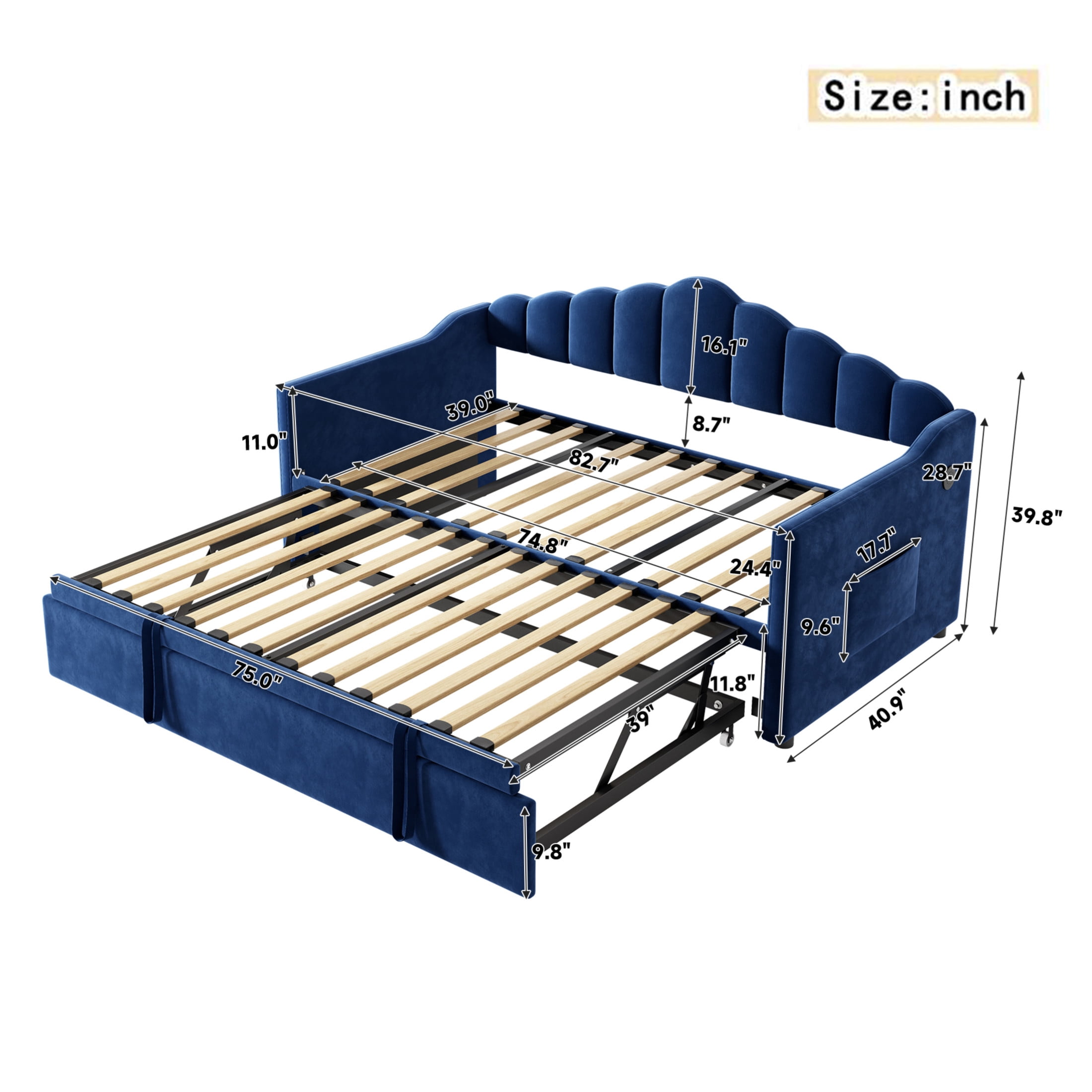 Noble House Twin Upholstered Daybed with Pop-Up Trundle, USB and Type-C Charging Ports, Blue