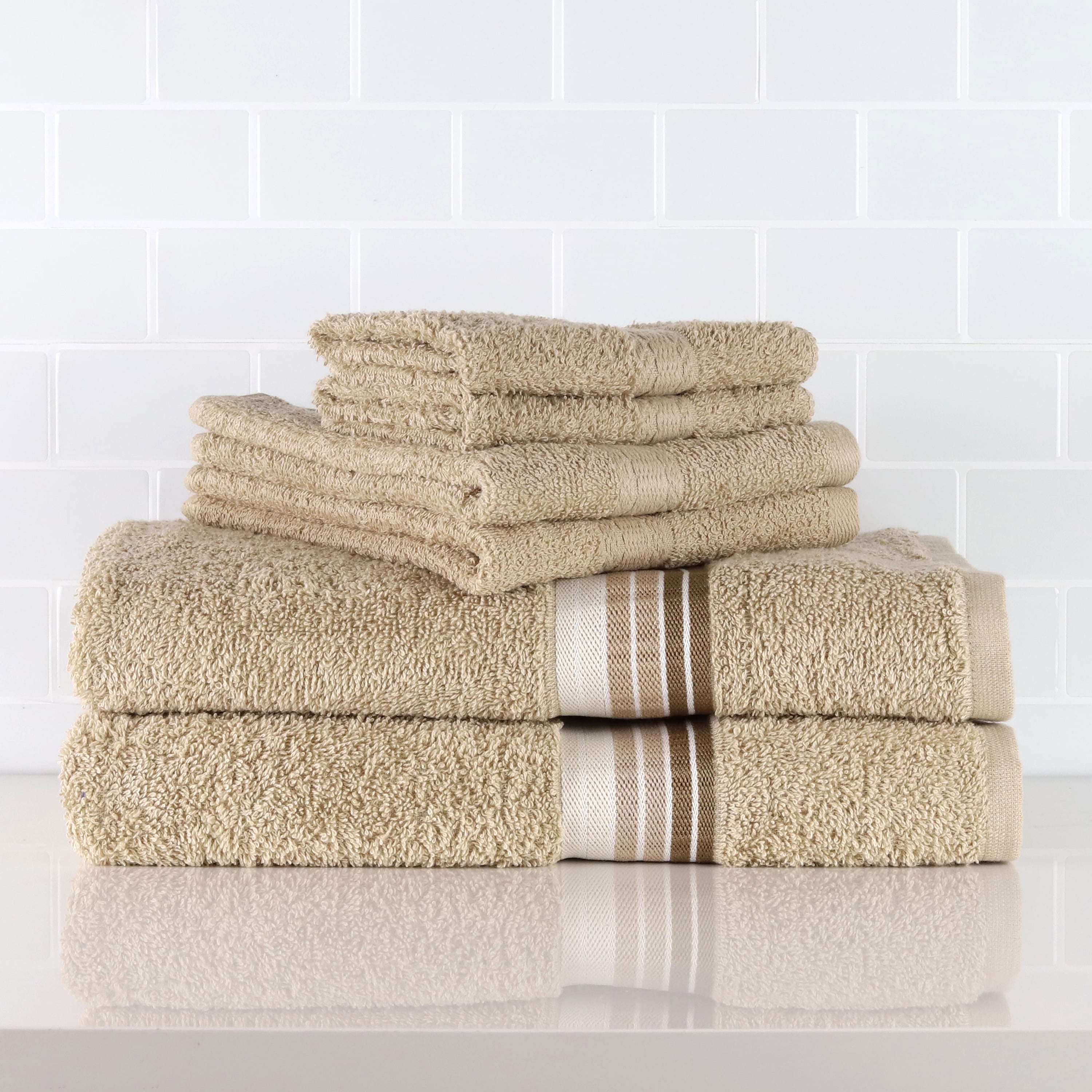 Mainstays 6 Piece 100% Cotton Towel Set, 2 Striped Bath , 2 Hand and 2 Washcloths,Super Soft and Highly Absorbent basic Premium Towel Set, for Bathroom, Hotels, Spa and Gym – Tan