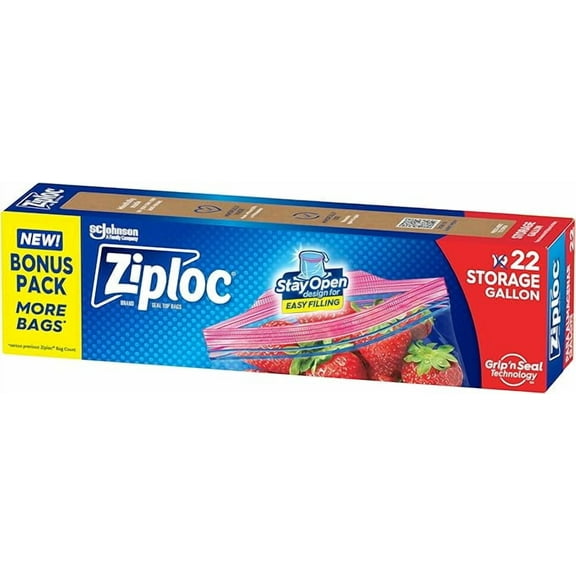 Ziploc Gallon Food Storage Bags, Stay Open Design with Stand-Up Bottom, Easy to Fill, 22 Count