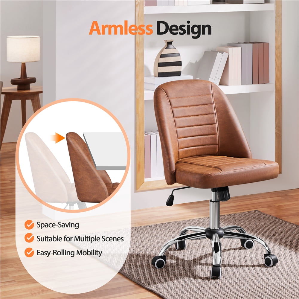 Yaheetech Rolling Faux Leather Desk Chair with Chrome Plated Metal Base, Retro Brown