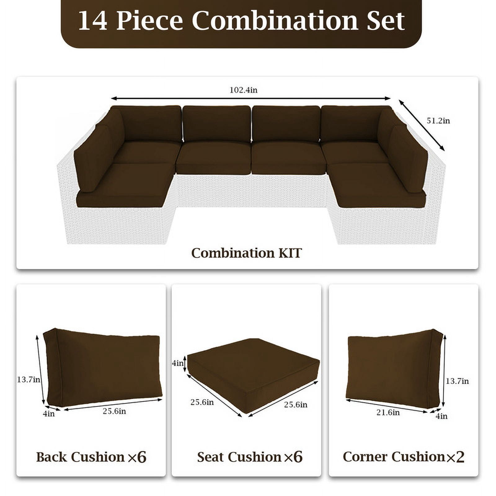 Outdoor Cushions for Patio Furniture Replacement, 4" Foam High-Density, 14-Piece Water-Resistant Outdoor Cushion for 6-Seat Sectional Patio Conversation Sets（Coffee）