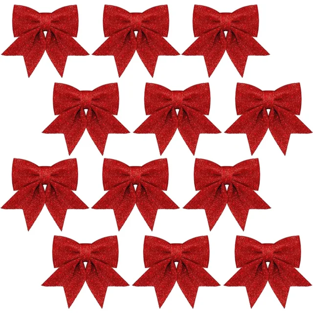 12 PCS White Christmas Bows, 5.5 Inch Glitter Sequin Bows for Christmas Trees & Wreath Decorations
