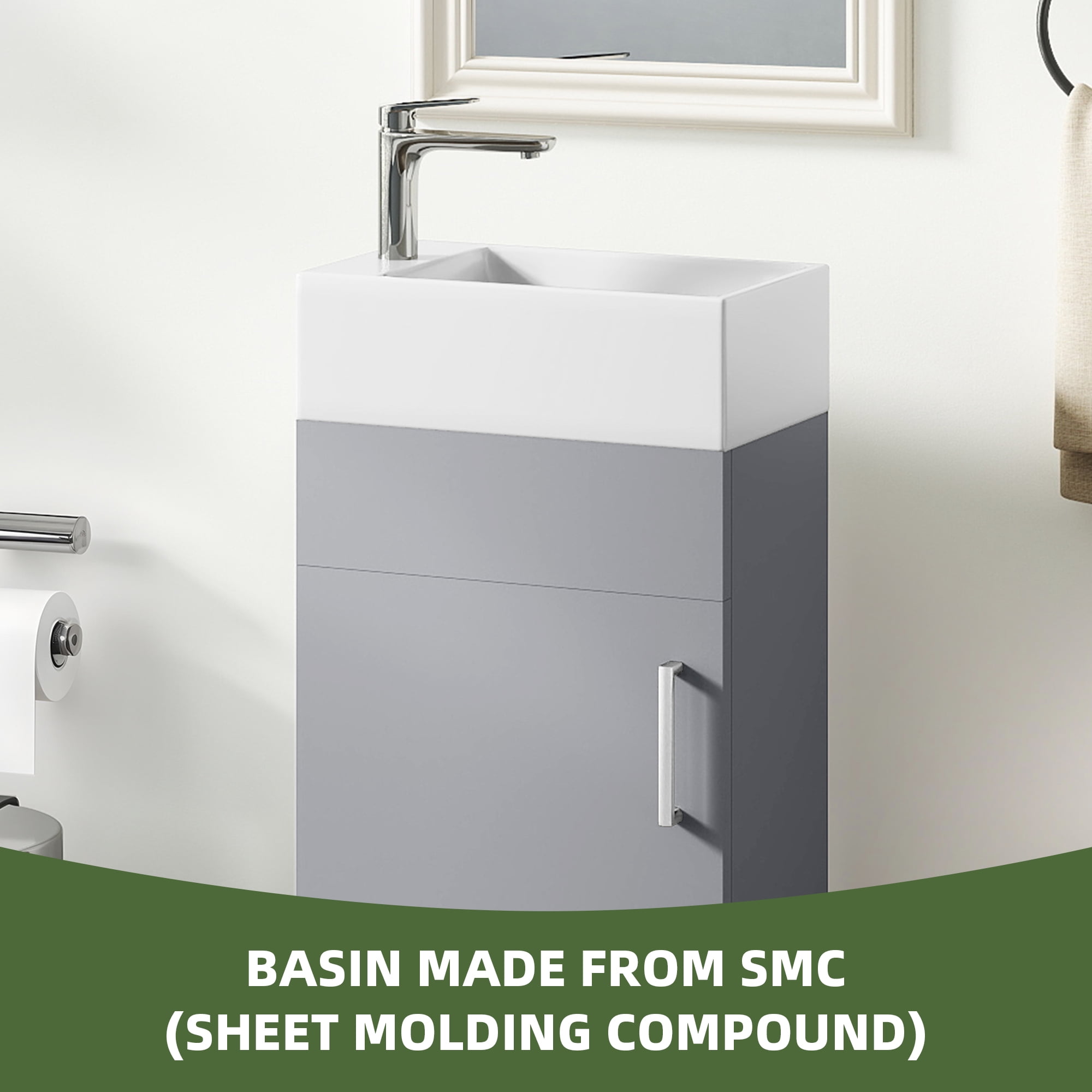 Uforic 16" Bathroom Vanity with Top Sink, Modern Free Standing Small Bathroom Storage Cabinet with Soft Close Door, Gray