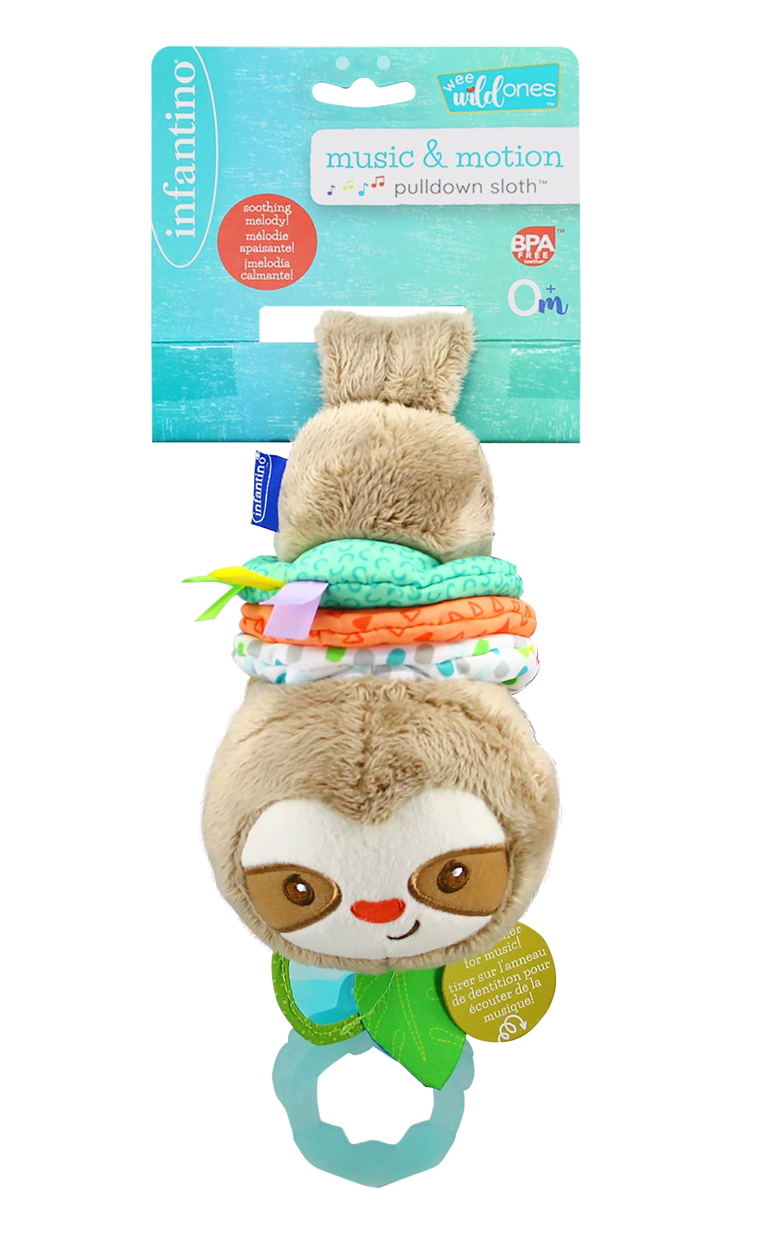 Infantino Music & Motion Pulldown Sloth, Hanging Plush Toy, BPA-Free Teether for Babies 0+ Months