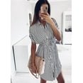 thumbnail image 4 of Henpk Summer Dresses for Women Striped T Shirt Dress Casual Midi Dress Short Sleeve Sundress with Pockets Fashion Drawstring Bandage Short Sleeve Stripe Print Lapel Shirt Dress Black XL, 4 of 9