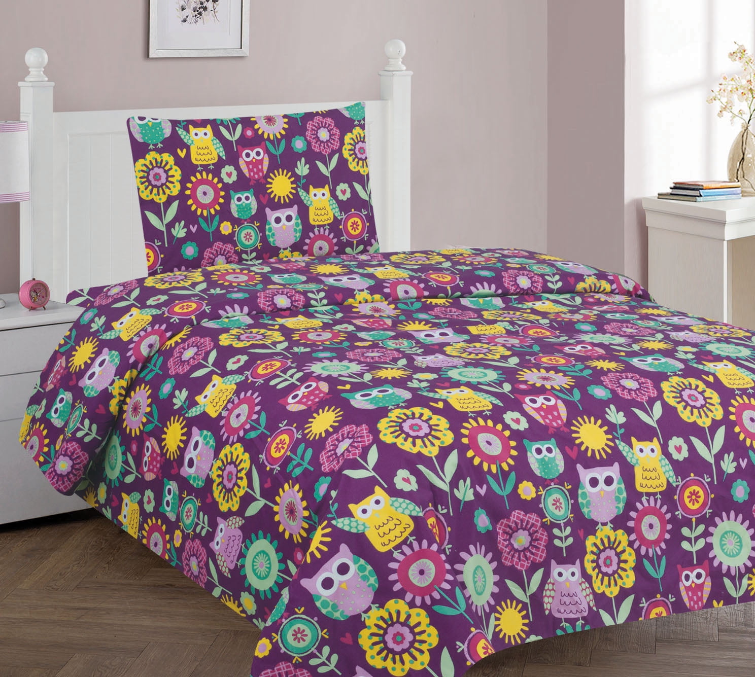 Pink-Purple Cotton Sheet Set:1 Fitted Sheet 1 Flat Sheet 2 Pillowcases All Sizes 
